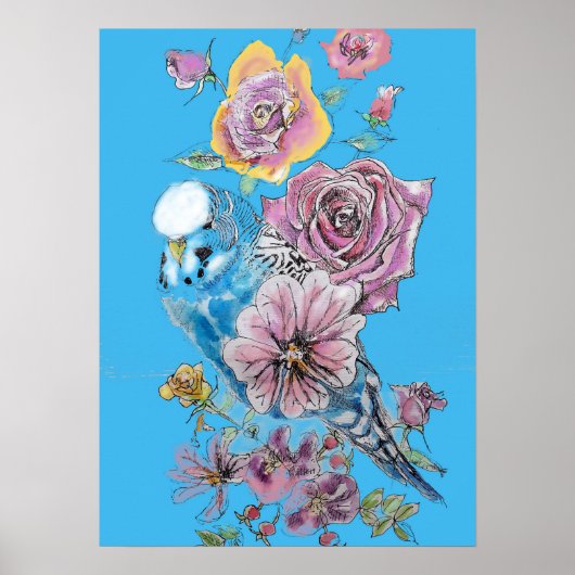 Blauwe boedgie Red Rose Pastel Waterverf art Poste Poster (Voorkant)