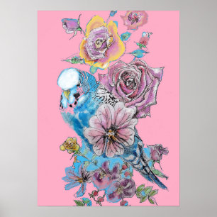 Blauwe boedgie Red Rose Roze Waterverf kunst Poste Poster