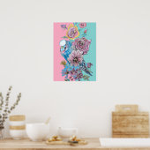 Blauwe boedgie Red Rose Roze Waterverf kunst Poste Poster (Keuken)