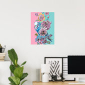 Blauwe boedgie Red Rose Roze Waterverf kunst Poste Poster (Thuiskantoor)