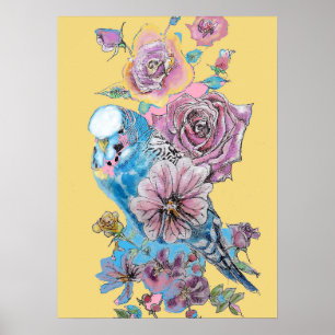 Blauwe boedgie Red Rose Yellow Waterverf art Poste Poster