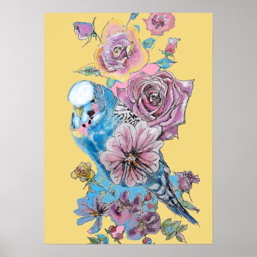 Blauwe boedgie Red Rose Yellow Waterverf art Poste Poster (Voorkant)