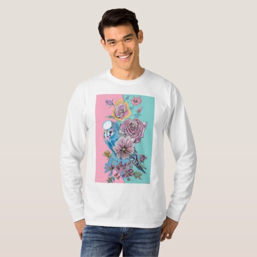 Blauwe boedgie Waterverf Rode rozen bloemen T-shirt (Voorkant volledig)