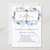 Blauwe boeg bloemen jongen kruis doop kaart (Voorkant)