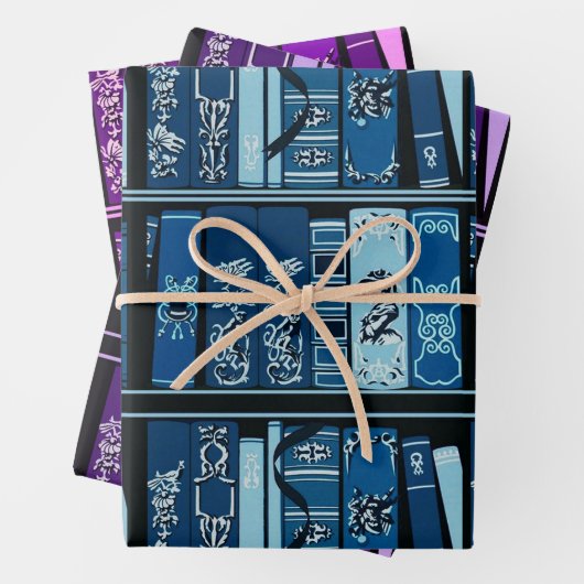 Blauwe boekenplanken  boeken inpakpapier vel (In situ)