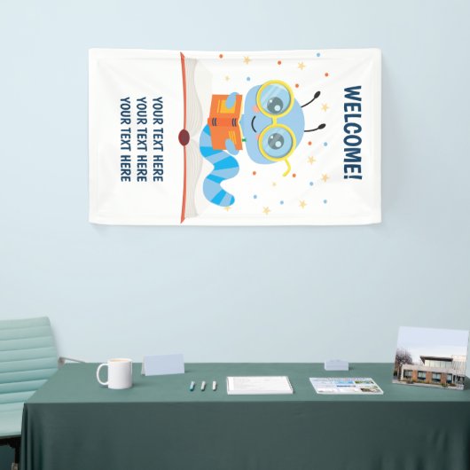 Blauwe boekworm thema banner (Beurs)
