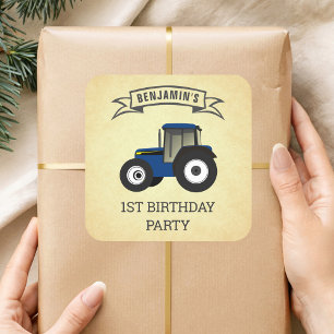 Blauwe Boerderij Tractor Kinderverjaardagsfeestje Vierkante Sticker