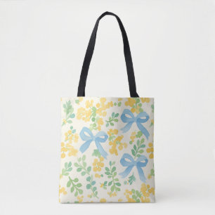Blauwe Bogen en Gele Bloemen CottageCore Patroon Tote Bag