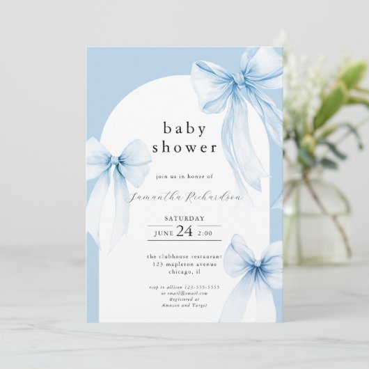 Blauwe bogen moderne boogjongen baby shower bespre kaart (Staand voorkant)
