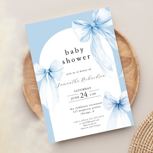 Blauwe bogen moderne boogjongen baby shower bespre kaart