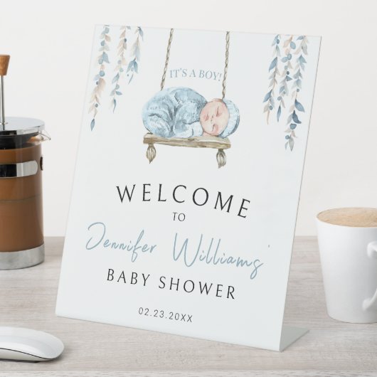 Blauwe bohemian slapende baby jongen welkom teken reclamebord met voetstuk (Insitu)