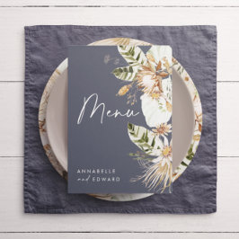 Blauwe bohemiene botanische moderne elegante bladb menu