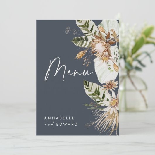 Blauwe bohemiene botanische moderne elegante bladb menu (Staand voorkant)