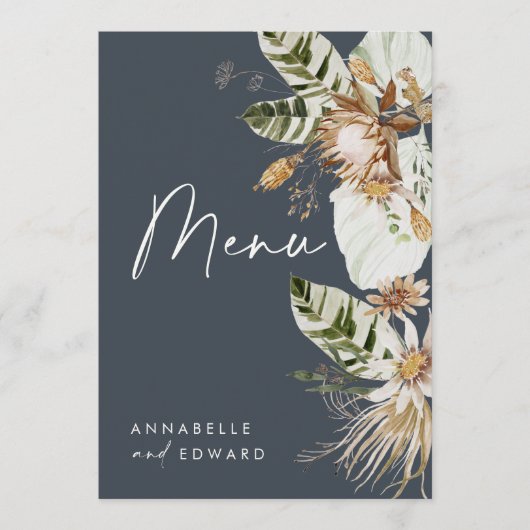 Blauwe bohemiene botanische moderne elegante bladb menu (Voorkant)