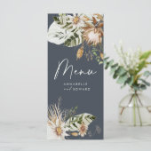 Blauwe bohemiene botanische moderne elegante bladb menu (Staand voorkant)