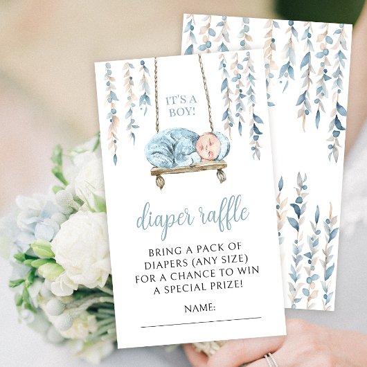 Blauwe boho baby jongen douche luier verloting kaa informatiekaartje