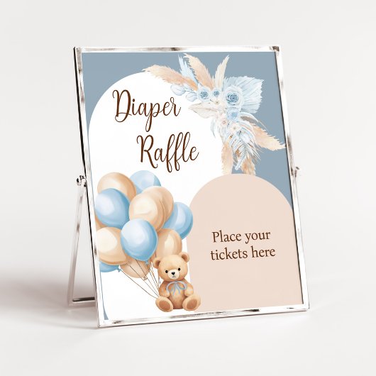 Blauwe Boho Beer ballon Baby shower luier Raffle Poster