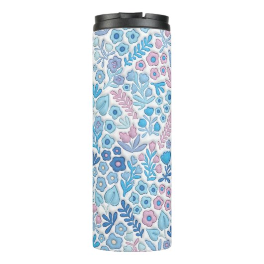Blauwe Boho Bloemen 3D Opgeblazen Mama Thermosbeker (Achterkant)
