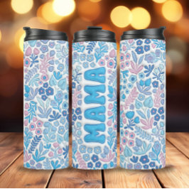 Blauwe Boho Bloemen 3D Opgeblazen Mama Thermosbeker