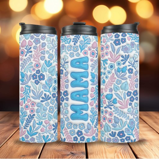Blauwe Boho Bloemen 3D Opgeblazen Mama Thermosbeker
