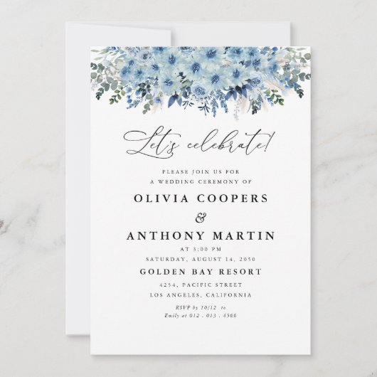 Blauwe Boho Bloemen Huwelijksuitnodiging Kaart (Voorkant)