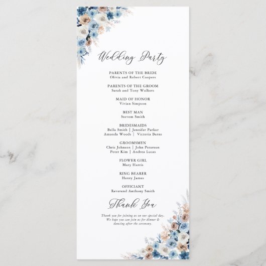 Blauwe Boho Bloemen Trouwprogramma Programmakaart (Achterkant)