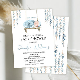 Blauwe boho bohemian baby jongen douche uitnodigin kaart