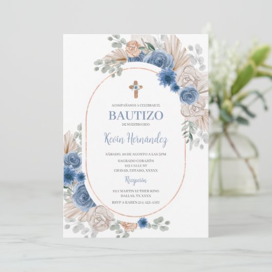 Blauwe Boho doop Kaart (Staand voorkant)