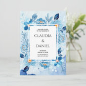 Blauwe Boho Floral Elegant & Chic Wedding Kaart (Staand voorkant)