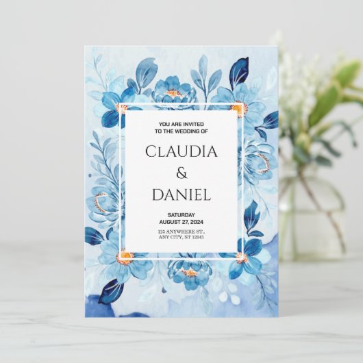 Blauwe Boho Floral Elegant & Chic Wedding Kaart (Staand voorkant)