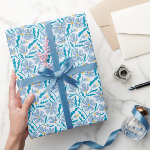 Blauwe Boho Mid Century Modern Bloempatroon Cadeaupapier