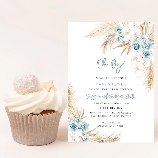 Blauwe Boho Pampas Gras Baby Shower Kaart