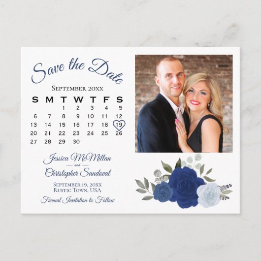 Blauwe Boho Rozen Foto en Agenda Opslaan Datum Aankondigingskaart (Voorkant)