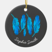 Blauwe boho veren blauw en grijs keramisch ornament (Voorkant)