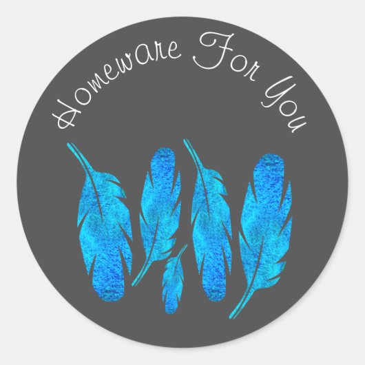 Blauwe boho veren blauw en grijs ronde sticker (Voorkant)