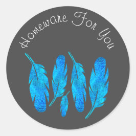 Blauwe boho veren blauw en grijs ronde sticker