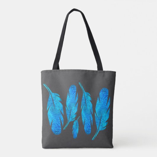 Blauwe boho veren blauw en grijs tote bag (Achterkant)