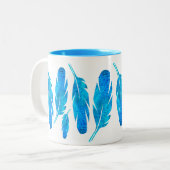 Blauwe boho veren blauw en grijs tweekleurige koffiemok (Voorkant links)