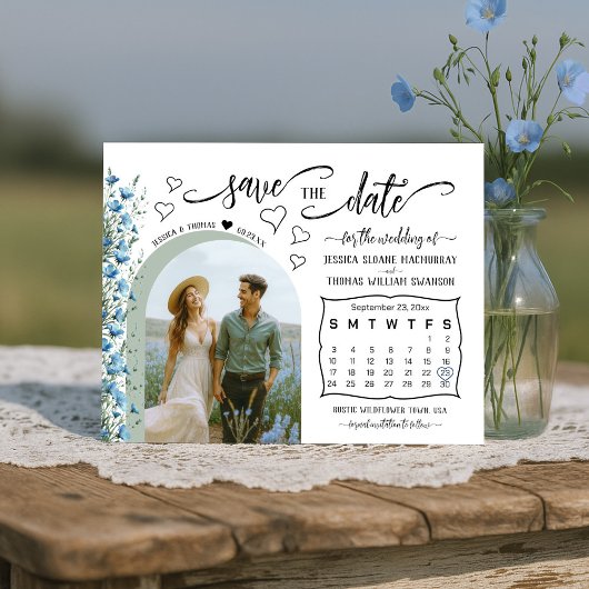 Blauwe Boho Wildflowers Foto & Agenda Trouwen Save The Date