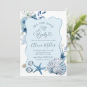 Blauwe Boho Zomer Schelp Babyshower Uitnodiging (Staand voorkant)