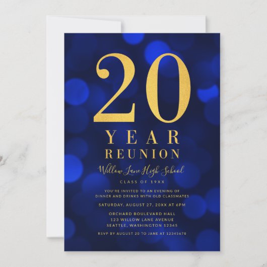 Blauwe Bokeh lichten 20 jaar klasse reünie Kaart (Voorkant)