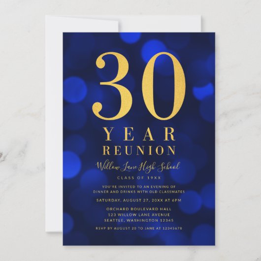 Blauwe Bokeh lichten 30 jaar klasse reünie Kaart (Voorkant)