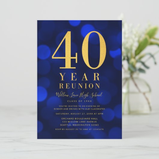 Blauwe Bokeh lichten 40 jaar klasse reünie Kaart (Staand voorkant)