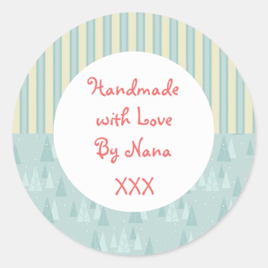 Blauwe bomen 'Handgemaakt door' Kerst stickers (Voorkant)