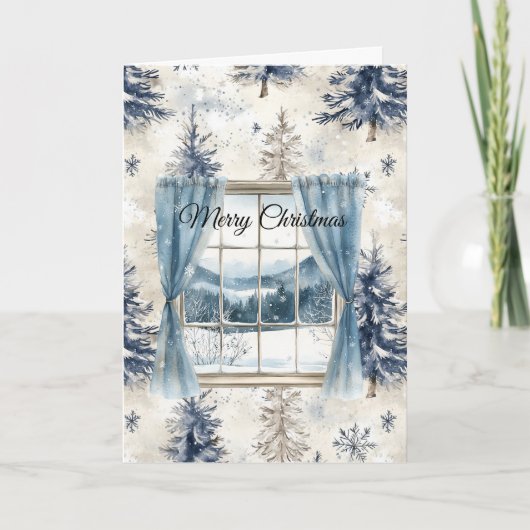 Blauwe Bomen Sneeuwvlokken Kerstmis Raam Kaart (Voorkant)