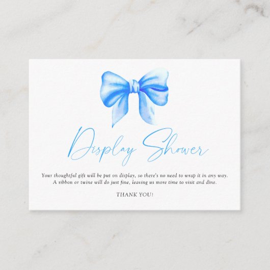 Blauwe boog baby shower display douche informatiekaartje (Voorkant)