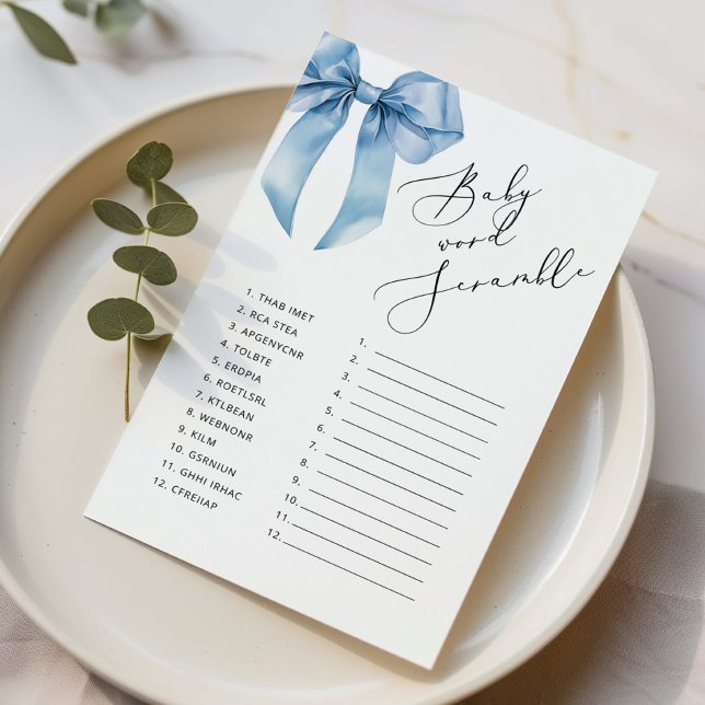 Blauwe boog Baby woord Scramble baby shower spel (Creator heeft geüpload)