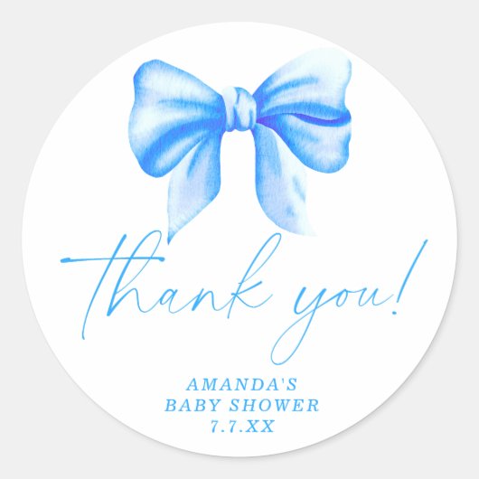 Blauwe boog bedankkaart ronde sticker (Voorkant)