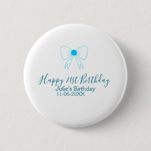 Blauwe boog blij 21e verjaardag naam datum meissty ronde button 5,7 cm