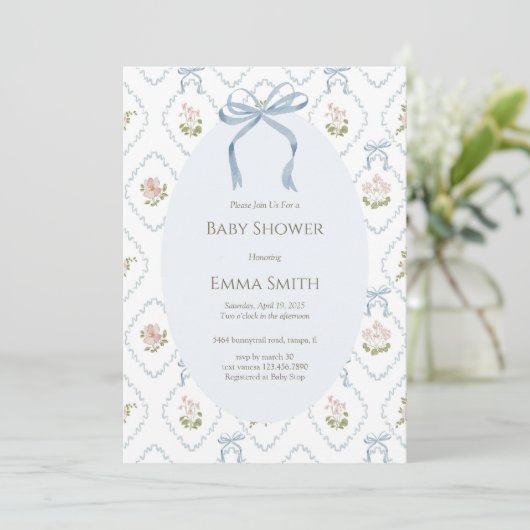 Blauwe Boog Bloemen Baby Shower Kaart (Staand voorkant)